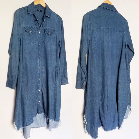 Ruti Chambray Denim Shirt Dress Hemp Organic Cotton Snap Button Frayed Hem Blue - Picture 16 of 16
